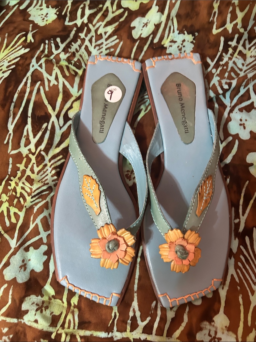 Blue Floral Flat Leather Thong Sandals